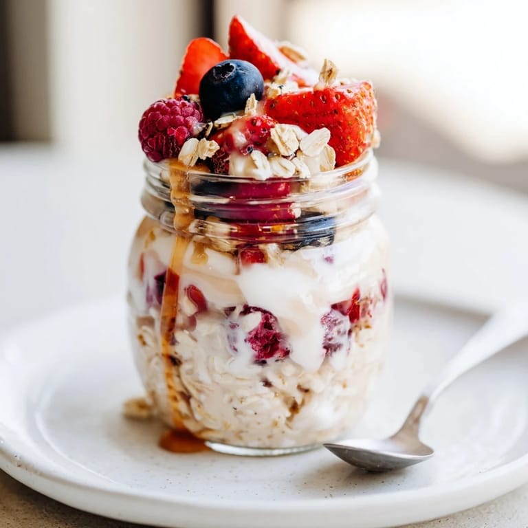 A close-up shot of individual overnight oats in jars ready for a grab-and-go morning meal.