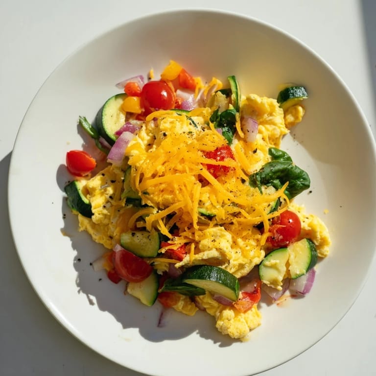 A close-up view of the Egg & Veggie Sheet Pan Scramble reveals golden eggs dotted with vibrant veggies, perfect for breakfast.