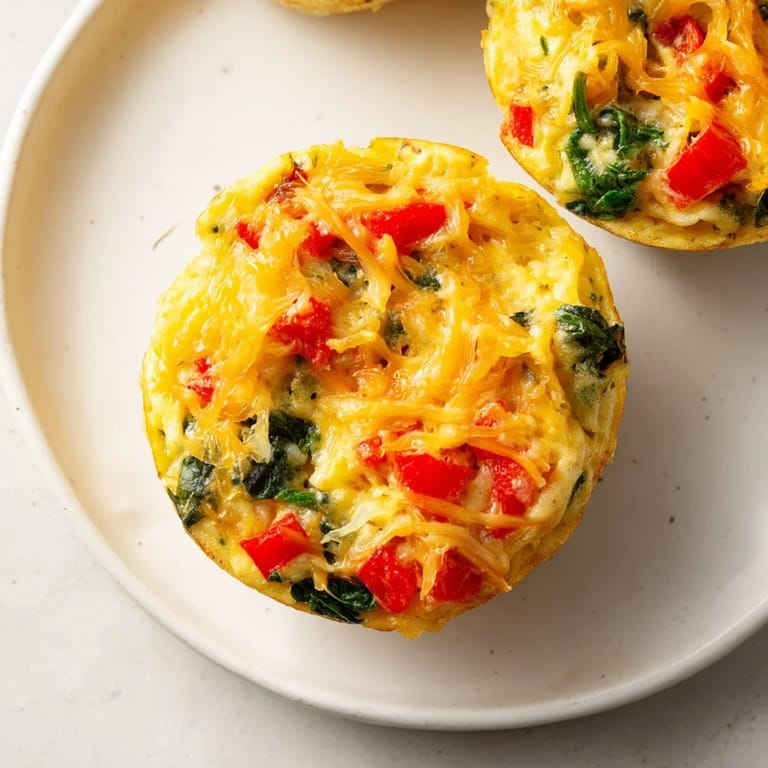 Fluffy, cheesy One-Pot Breakfast Casserole Muffins filled with spinach, red peppers, and savory bacon crumbles.