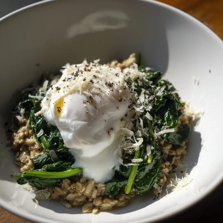 Bright and colorful savoury oatmeal with spinach and a runny egg, a healthy vegetarian meal.