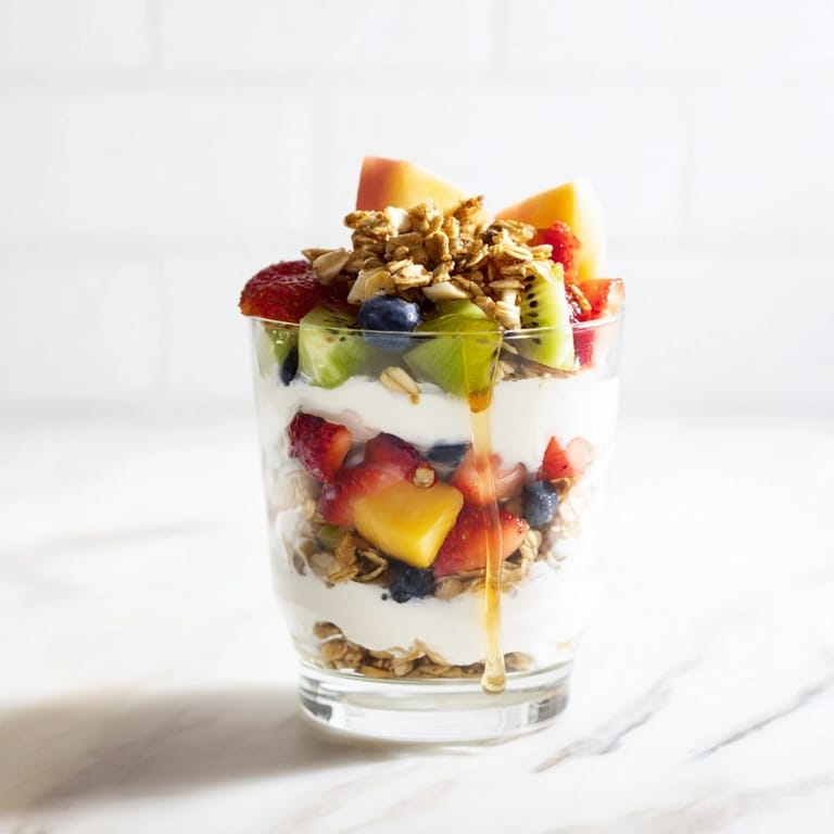 Enjoy a refreshing yogurt parfait featuring berries, peaches, and crispy granola layers.