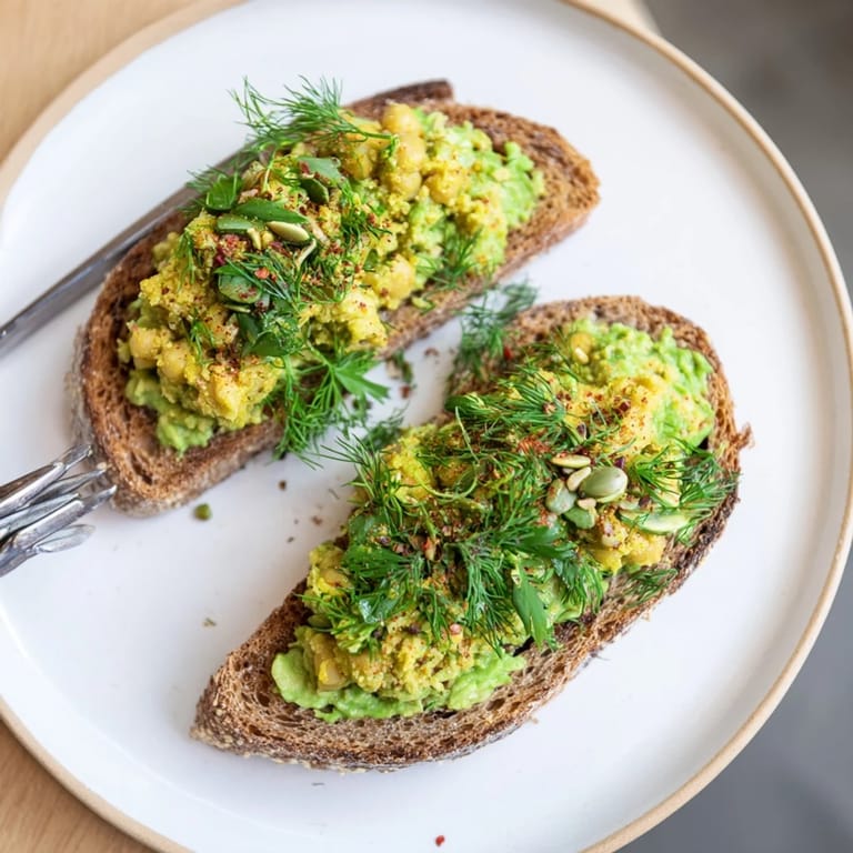Flavorful avocado toast with chickpeas, featuring fresh herbs atop golden-brown toasted bread, a healthy breakfast.