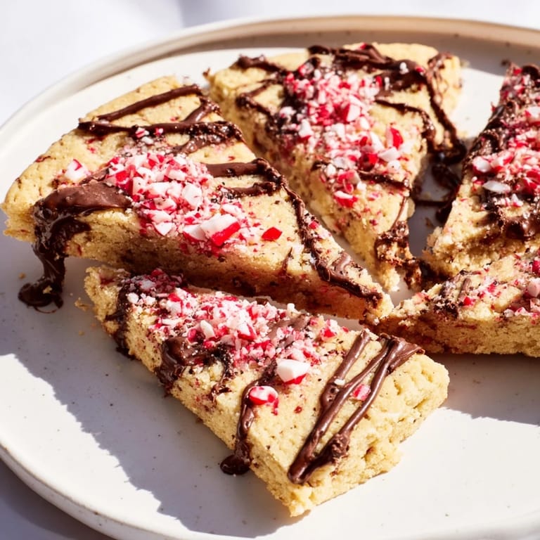 Festive Chocolate Peppermint Shortbread Wedges, a holiday dessert drizzled with rich, glossy chocolate.