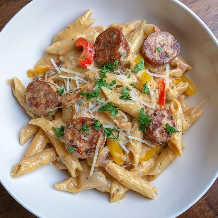 This photo shows a bubbling skillet of Cajun Spiced Smoked Sausage Alfredo, ready to serve and enjoy.