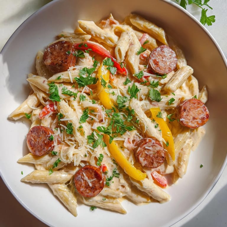 A close-up of a steaming bowl of Cajun Spiced Smoked Sausage Alfredo, rich with sausage and cheese.