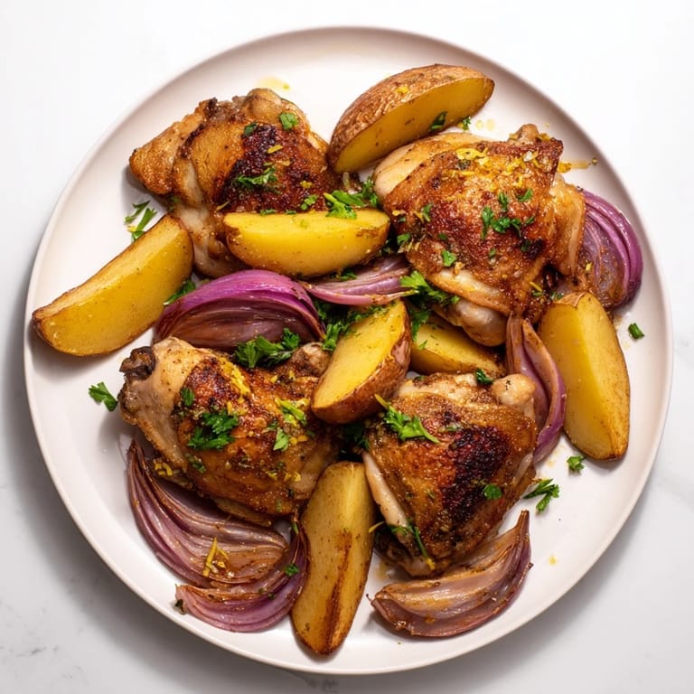 Sheet pan Greek Lemon Chicken and Potatoes showcasing tender chicken alongside perfectly roasted potatoes, ready to serve.