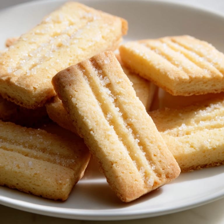 A close-up of perfectly baked classic shortbread cookies, lightly dusted and waiting for your bite.