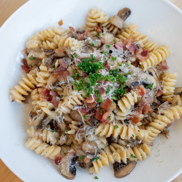 Sizzling pan of fusilli with bacon, onions and mushrooms, ready to be tossed with Parmesan cheese.