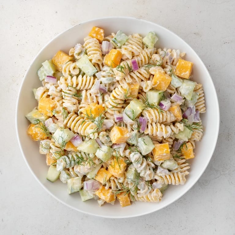 Vibrant dill pickle pasta salad features cubed cheddar and fresh dill, a perfect vegetarian dish.