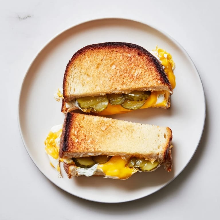 Crispy sourdough bread hugs melted cheese and tangy pickles in this amazing gooey pickle grilled cheese.