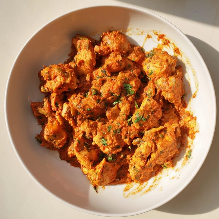 This photo shows steaming, dairy-free Instant Pot Chicken Tikka Masala garnished with fresh cilantro and ready to eat.