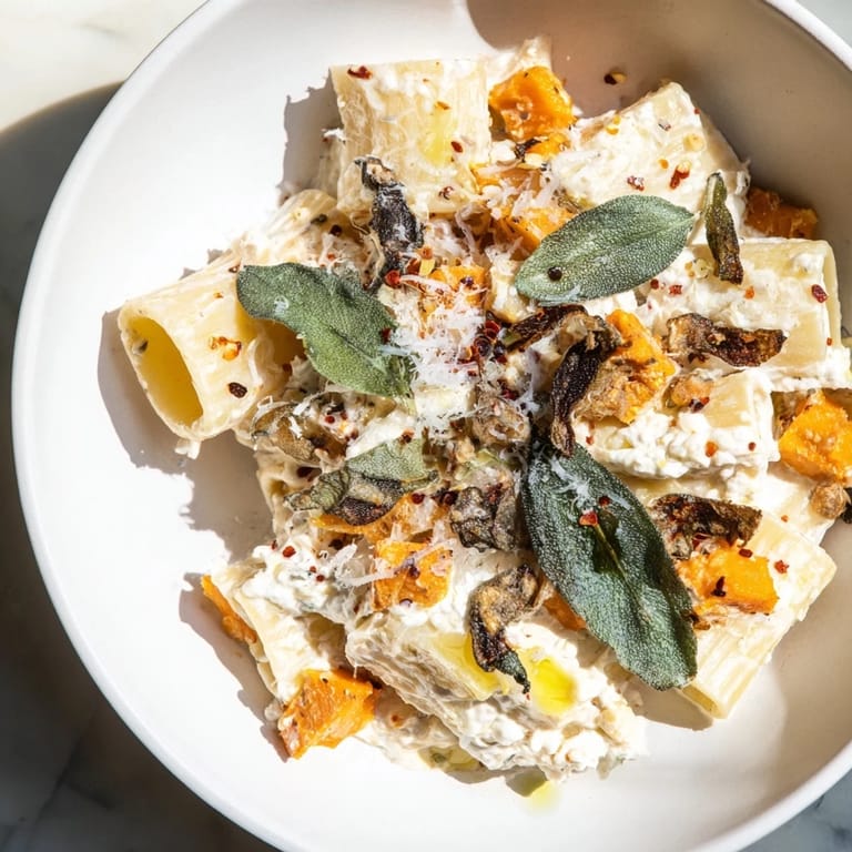 A comforting bowl of Viral Sweet Potato Goat Cheese Sage pasta: rich, creamy sauce with caramelized sweet potatoes.