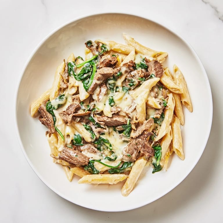 A close-up of a bubbling, baked Steak & Spinach Artichoke Pasta Bake, showing tasty steak pieces and spinach.
