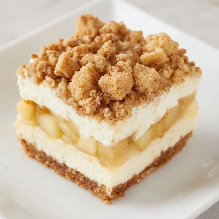 Warm spices mingle with creamy cheesecake within this beautiful Apple Crisp Cheesecake Bars image.