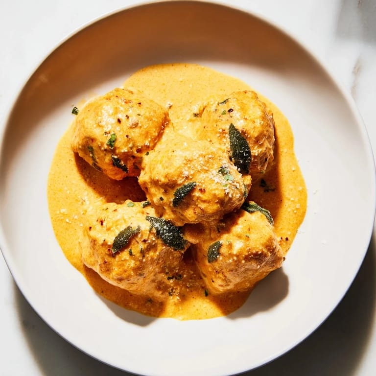 Warm, flavorful Easy Turkey Meatballs in pumpkin sage sauce with a sprinkle of fresh sage, perfect for a cozy dinner.