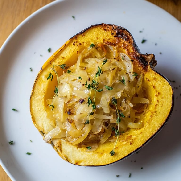 Golden brown Caramelized Onion Gruyere Squash, a vegetarian delight, ready to be devoured with fresh thyme.