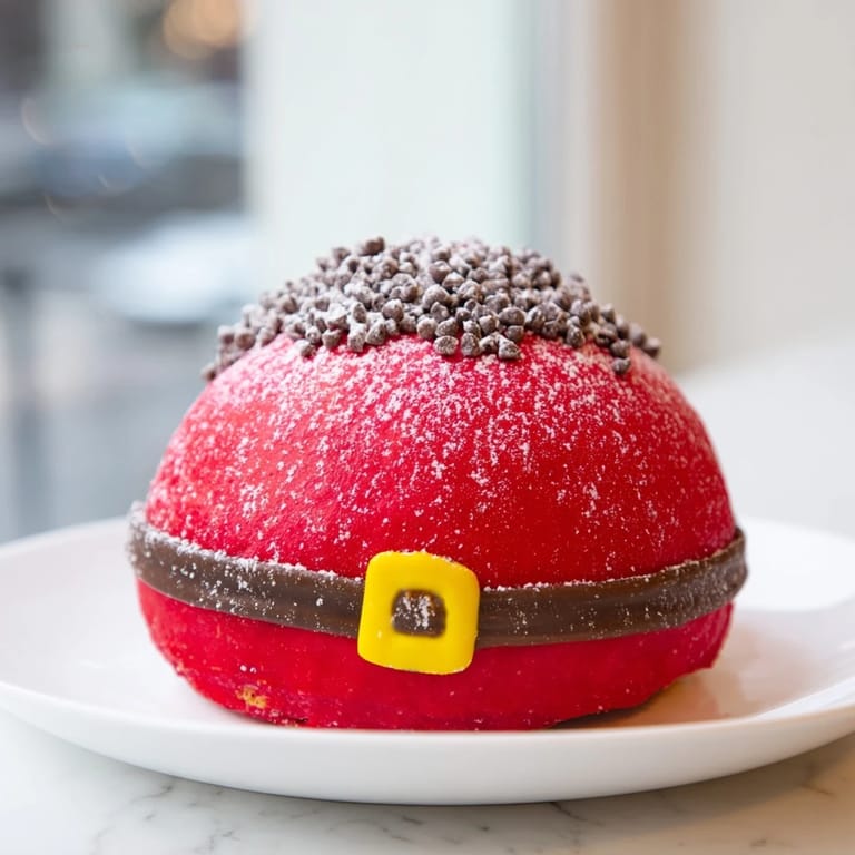 Freshly glazed Santa Belly Donuts, featuring a sweet red glaze and chocolate belts, ready to enjoy.