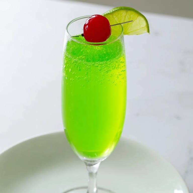 Homemade Quick Grinch Mimosa Mocktail, a festive, kid-friendly mocktail with lime and cherry garnish.