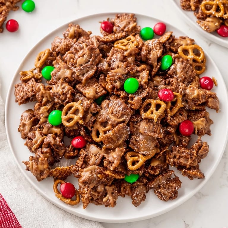 A close-up of a delightful Simplified Reindeer Chow, a holiday snack with colorful candies.