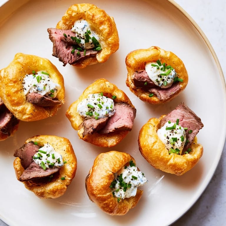 Crispy Express Holiday Yorkshire Pudding Bites, ready to eat, topped with roast beef and fresh chives.