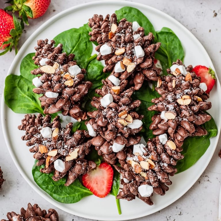 These whimsical Coco Pop Chocolate Pinecone Dessert Salad treats rest on a bed of fresh spinach, an imaginative dessert.