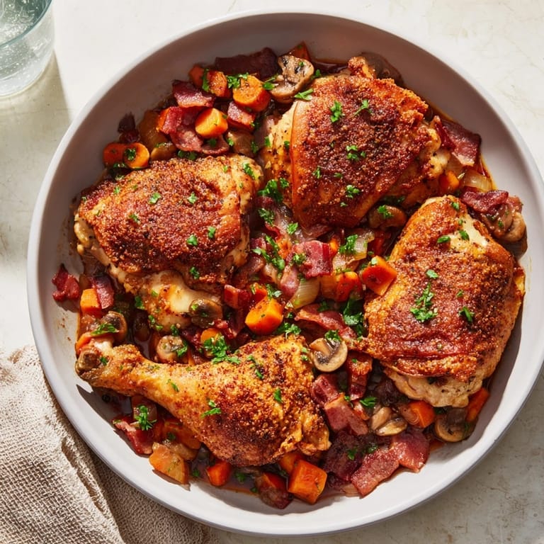 Golden-brown Instant Pot Coq au Vin Style Chicken Thighs, served with a garnish of fresh parsley and crispy bacon.