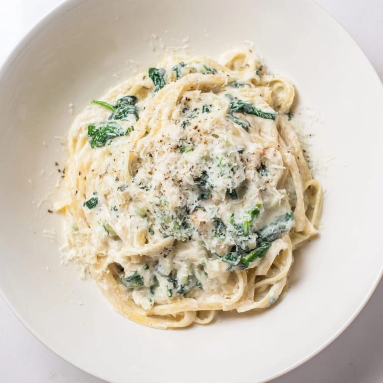 Tender fettuccine coated in creamy Creamy Greek Yogurt Spinach Alfredo Pasta, a lightened Italian favorite.