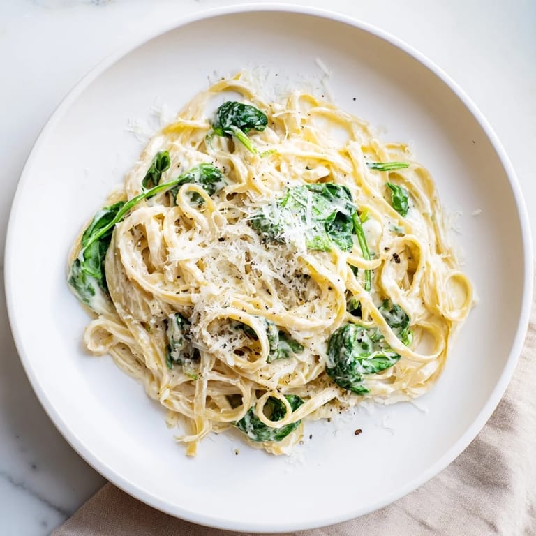A bowl of delicious Creamy Greek Yogurt Spinach Alfredo Pasta, garnished with fresh parsley and extra Parmesan.
