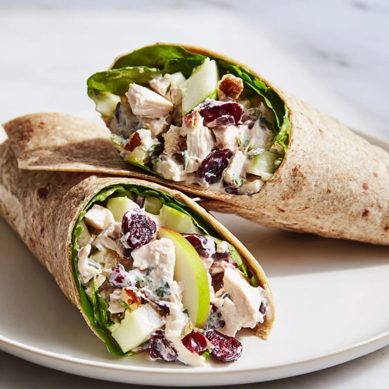 A delicious cranberry pecan chicken salad Christmas wrap, showing a cross-section full of flavors.