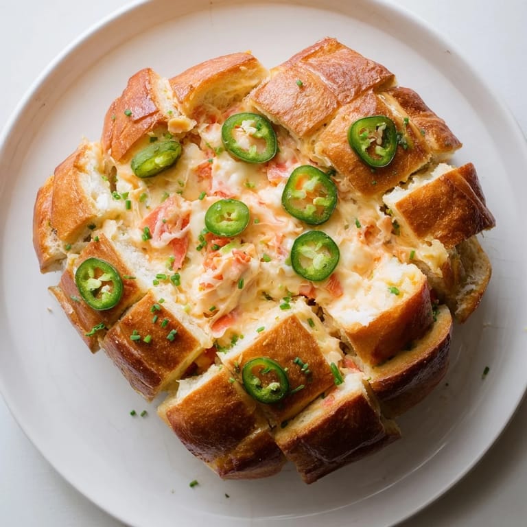 A close-up of a melty Pimento Cheese & Jalapeño Pull-Apart Grilled Cheese, bursting with spicy flavor.