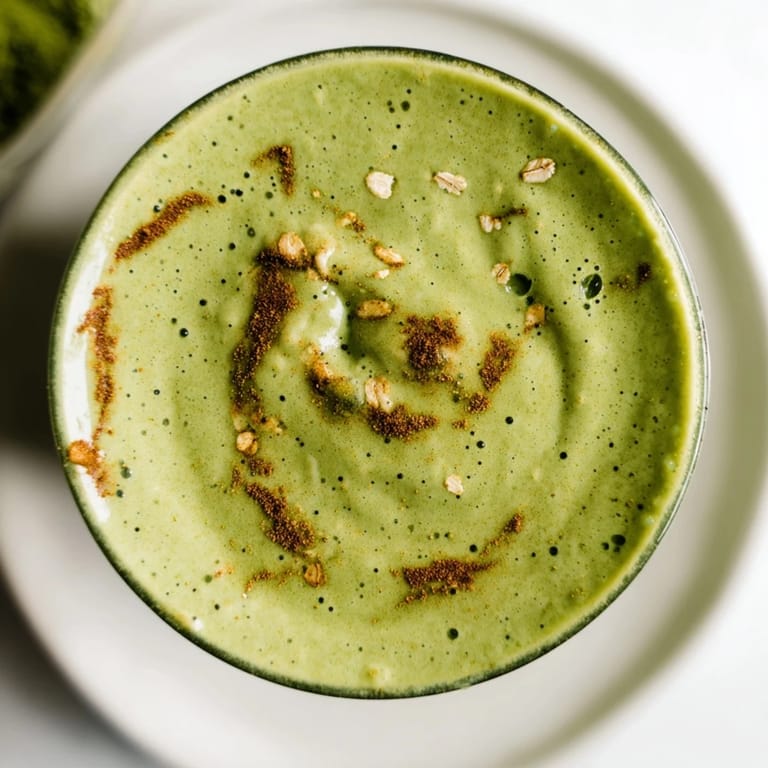 A close-up of a Matcha Snickerdoodle Protein Shake, with ice cubes and a frothy texture.