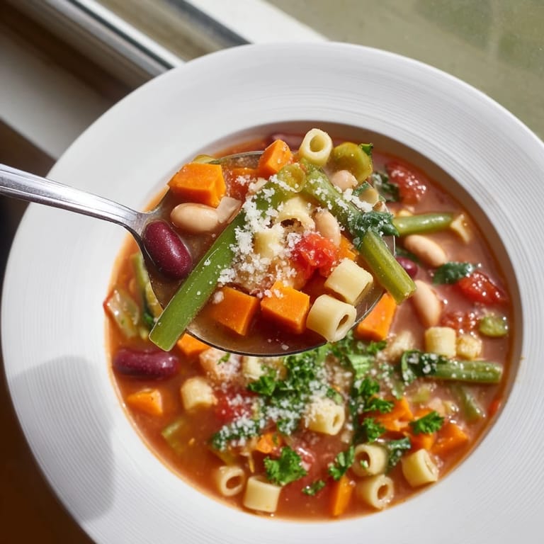 A hearty bowl of Veggie-Packed Minestrone Christmas Pasta Pot, with visible vibrant tomatoes and herbs, perfect for a cold night.