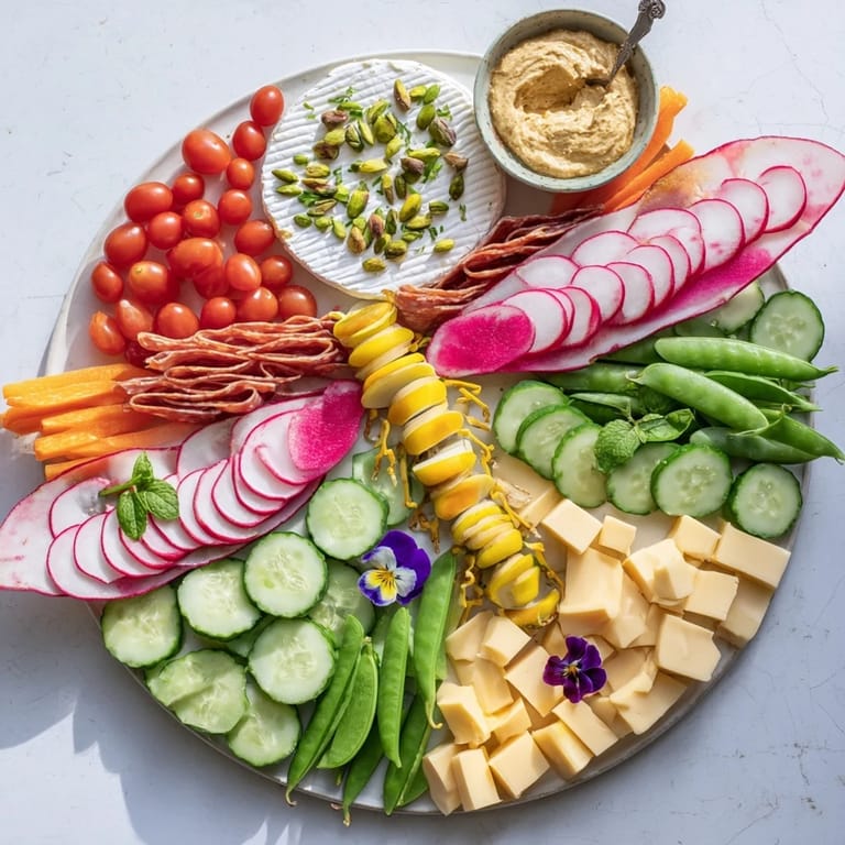 This beautiful Dragonfly Dance Appetizer Tray features colorful vegetables beside creamy cheeses and cured meats.