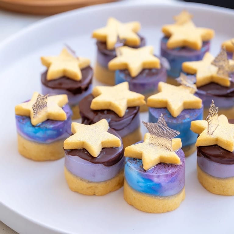 Imagine the Stargazers Dessert Platter: star-shaped cookies, shimmering truffles, and colorful galaxy mousse in dessert cups.
