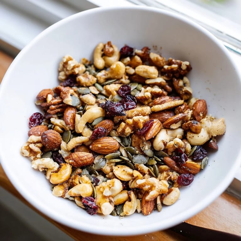 Close-up of a delicious Squirrels Gourmet Nut Bowl, showcasing toasted nuts and vibrant cranberries.