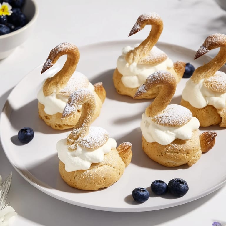 Light and fluffy Plateau Cygne Pâtisseries Aériennes, filled with vanilla cream and garnished with fresh berries.