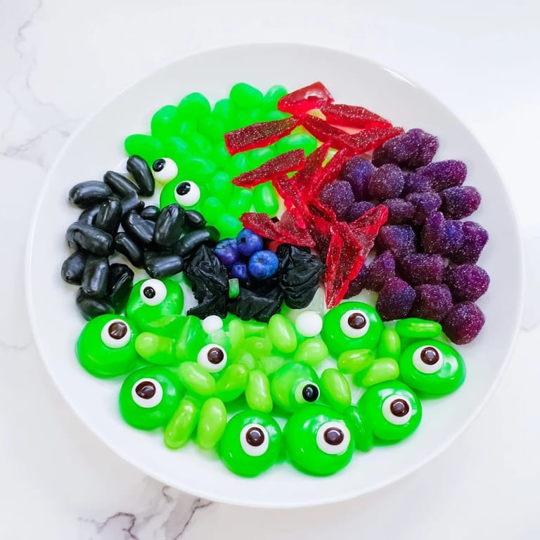 Delicious Poison Apple Candy arrangement: a platter of sour gummies and eye-catching candies for Halloween treats.