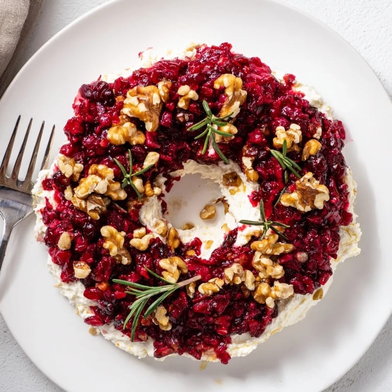 A festive Cranberry Feta Dip Wreath, showcasing a colorful, flavorful appetizer beautifully presented.