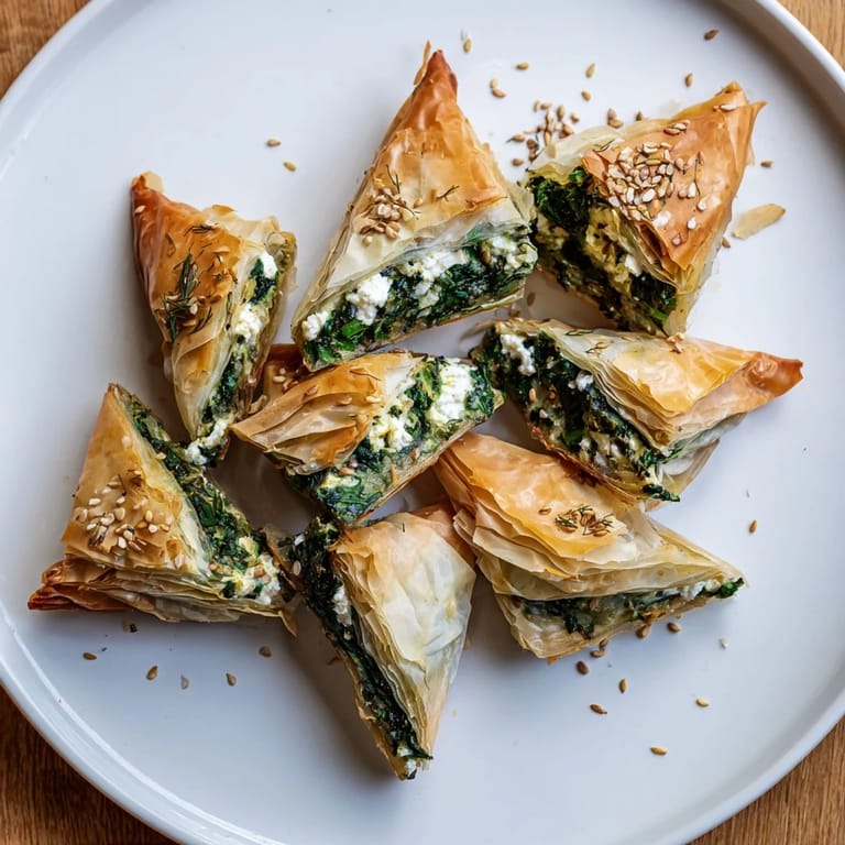 Crispy layers of phyllo embrace the savory spinach-feta filling in these mini Spanakopita triangles.