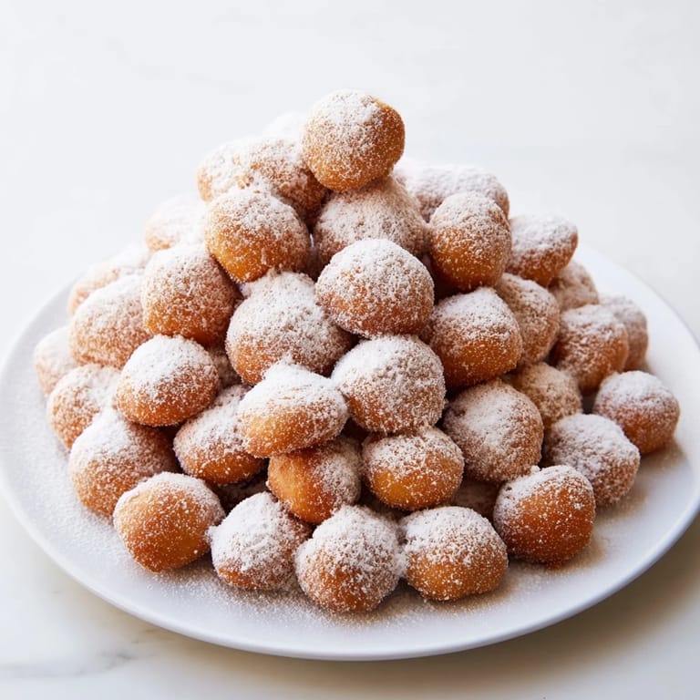 A close-up of a towering, golden powdered donut holes mountain, perfect for dessert time bliss.