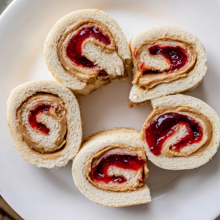 Easy peanut butter and jelly pinwheel rolls, sliced for grabbing, perfect for kid's lunch.
