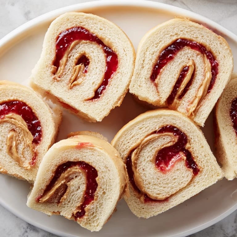 Close-up of fresh quartered PB&J pinwheel rolls with visible peanut butter and jelly swirl.