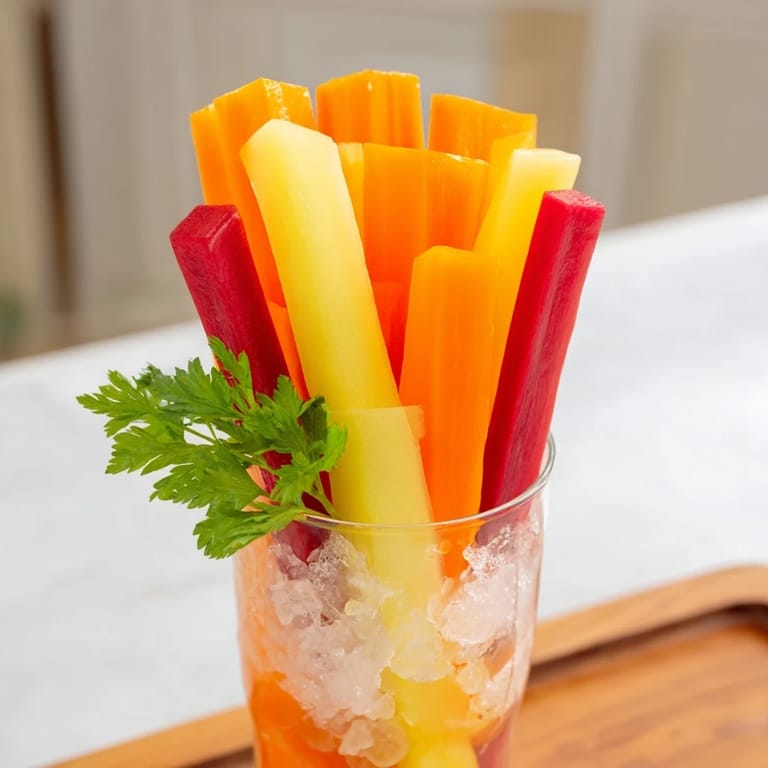 Vibrant Simple Crudités picture: a delightful assortment of rainbow carrot sticks set in chilled glasses, ideal for a party.