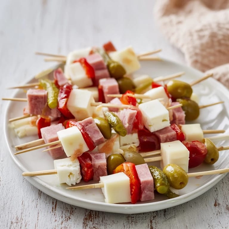 Delicious Savory Skewers: juicy ham, cheddar, and pickle cubes threaded on festive skewers ready to eat.
