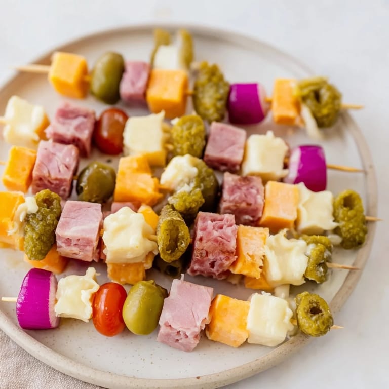 Close-up of colorful Savory Skewers: smoked turkey, Swiss, pickles, and tomatoes offer vibrant flavors.