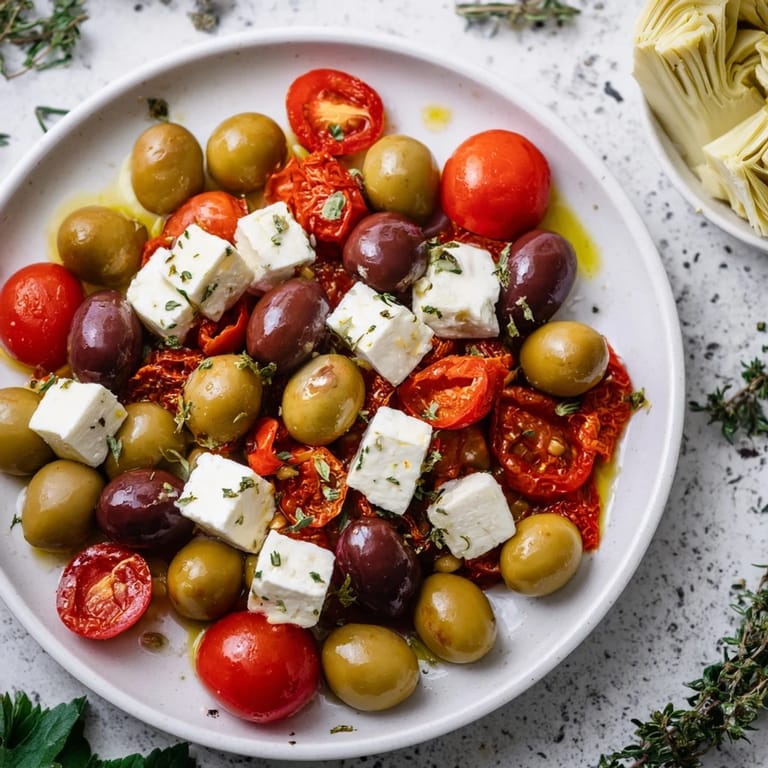 Mediterranean Black Olive and Sun-Dried Tomato Platter arranged on a platter, ready for your party guests to enjoy.
