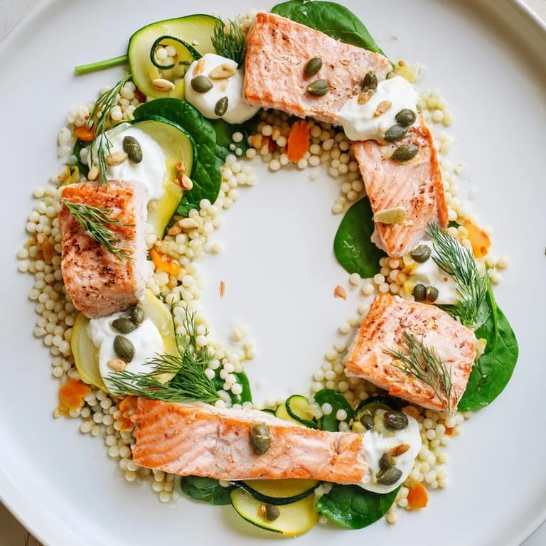 Artful figure-eight of The Infinity Loop Flow, presenting salmon, couscous, and fresh dill ready to serve.