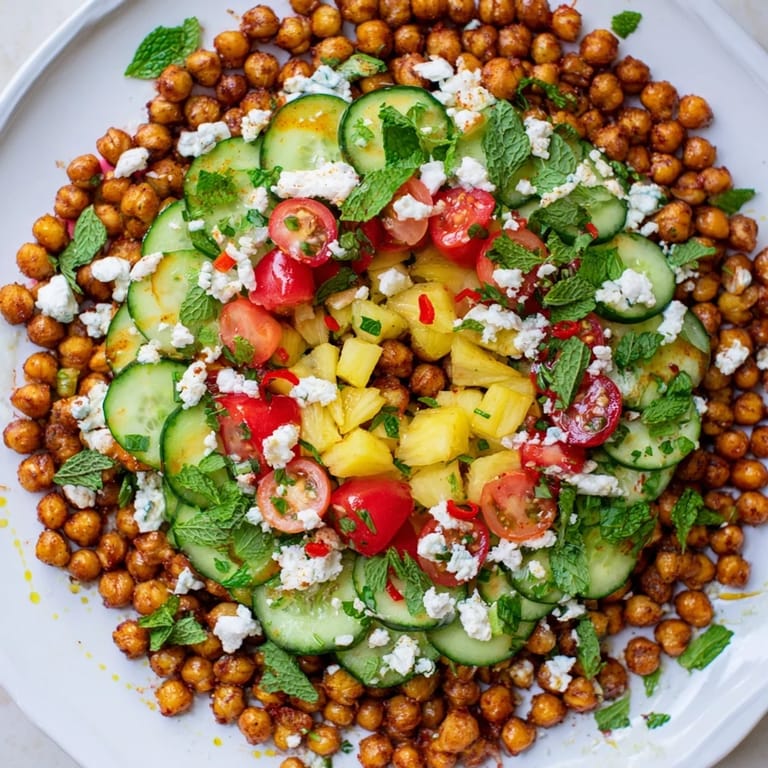 Delectable concentric rings of flavor appetizer featuring sweet pineapple, savory feta, and spicy chickpeas.