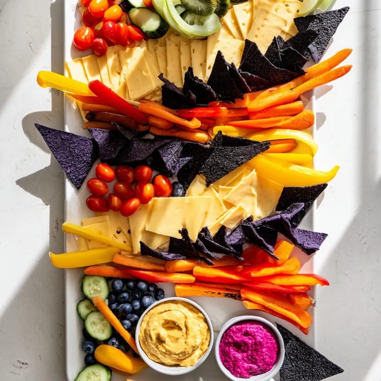 A beautifully arranged zig-zag lightning strike platter featuring fresh cheeses, hummus, and crunchy chips.