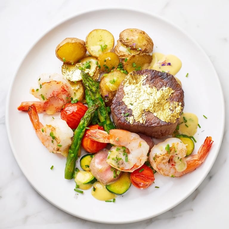 A visually stunning Golden Heart Luxury Platter shows perfectly grilled scallops alongside roasted vegetables and edible gold.